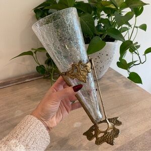 Vintage Crackle Glass Vase With Brass Pedestal Stand Grape Clusters 11”